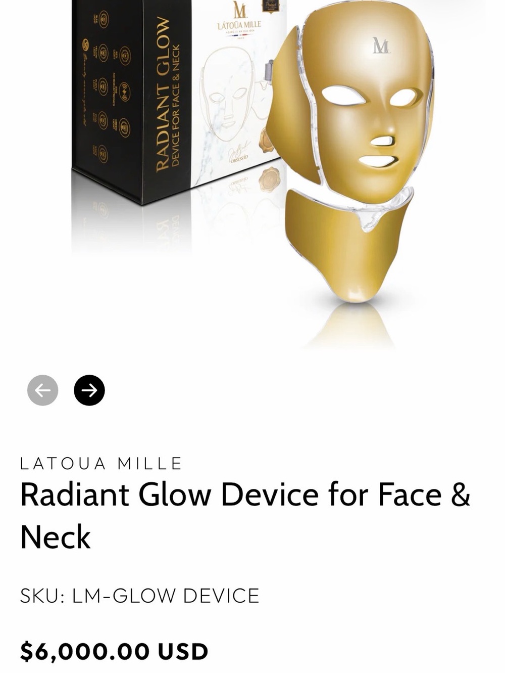 LATOUA MILLE Radiant Glow Face & Neck LED Mask in Gold New IN ORIGINAL Packaging